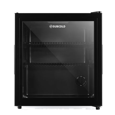 Black subcold cave50 mini refrigerator with glass door and two shelves perfect for soft drinks and beer storage