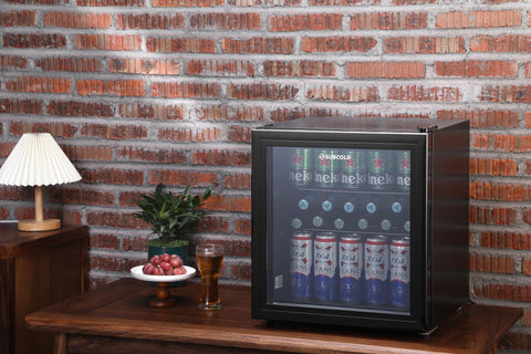 Black subcold cave50 glass door mini fridge with silver trim perfect for soft drinks and beer storage