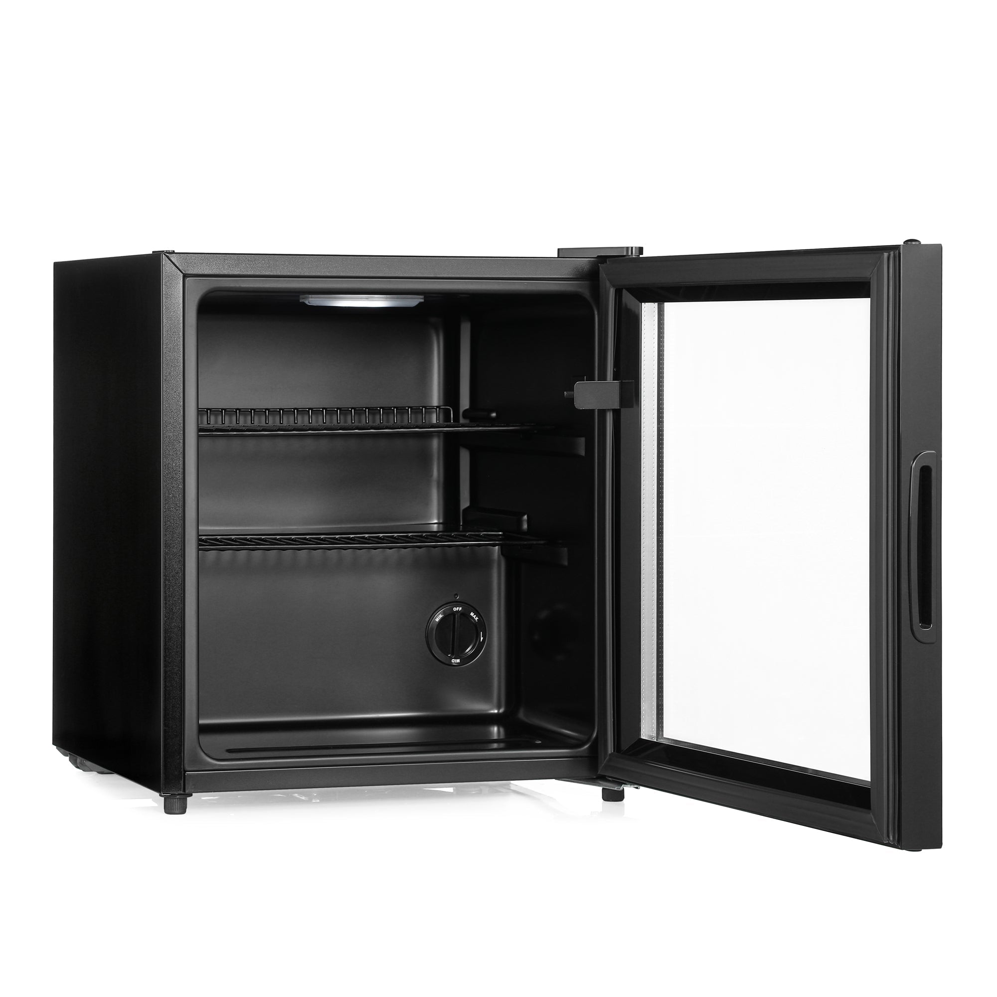 Subcold cave50 black glass door beer fridge with two adjustable shelves and temperature control dial for soft drinks