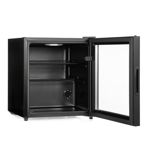 Subcold cave50 black glass door beer fridge with two adjustable shelves and temperature control dial for soft drinks