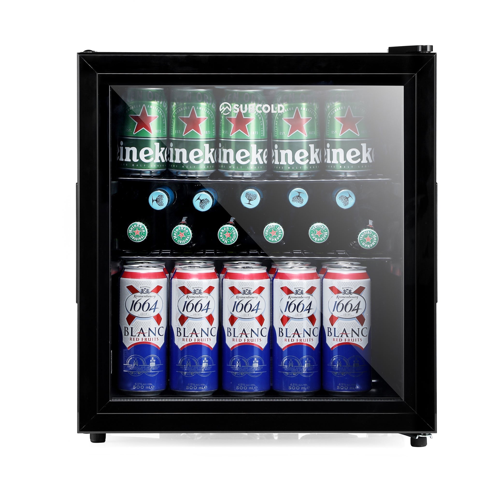 Black subcold cave50 glass door mini fridge stocked with heineken and 1004 red fruits soft drinks cans