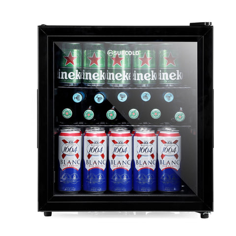 Black subcold cave50 glass door mini fridge stocked with heineken and 1004 red fruits soft drinks cans