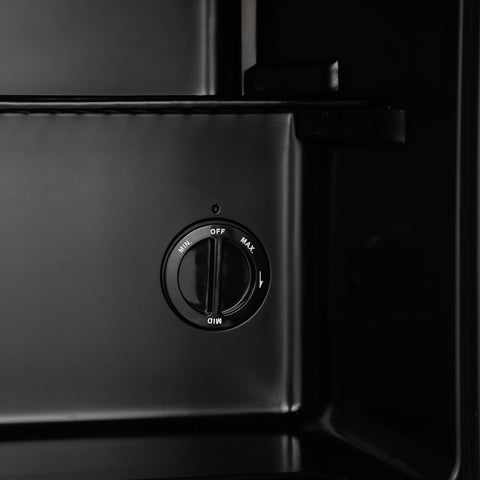 Black rotary dial with white min off mid and max markings on subcold cave50 glass door beer fridge for soft drinks