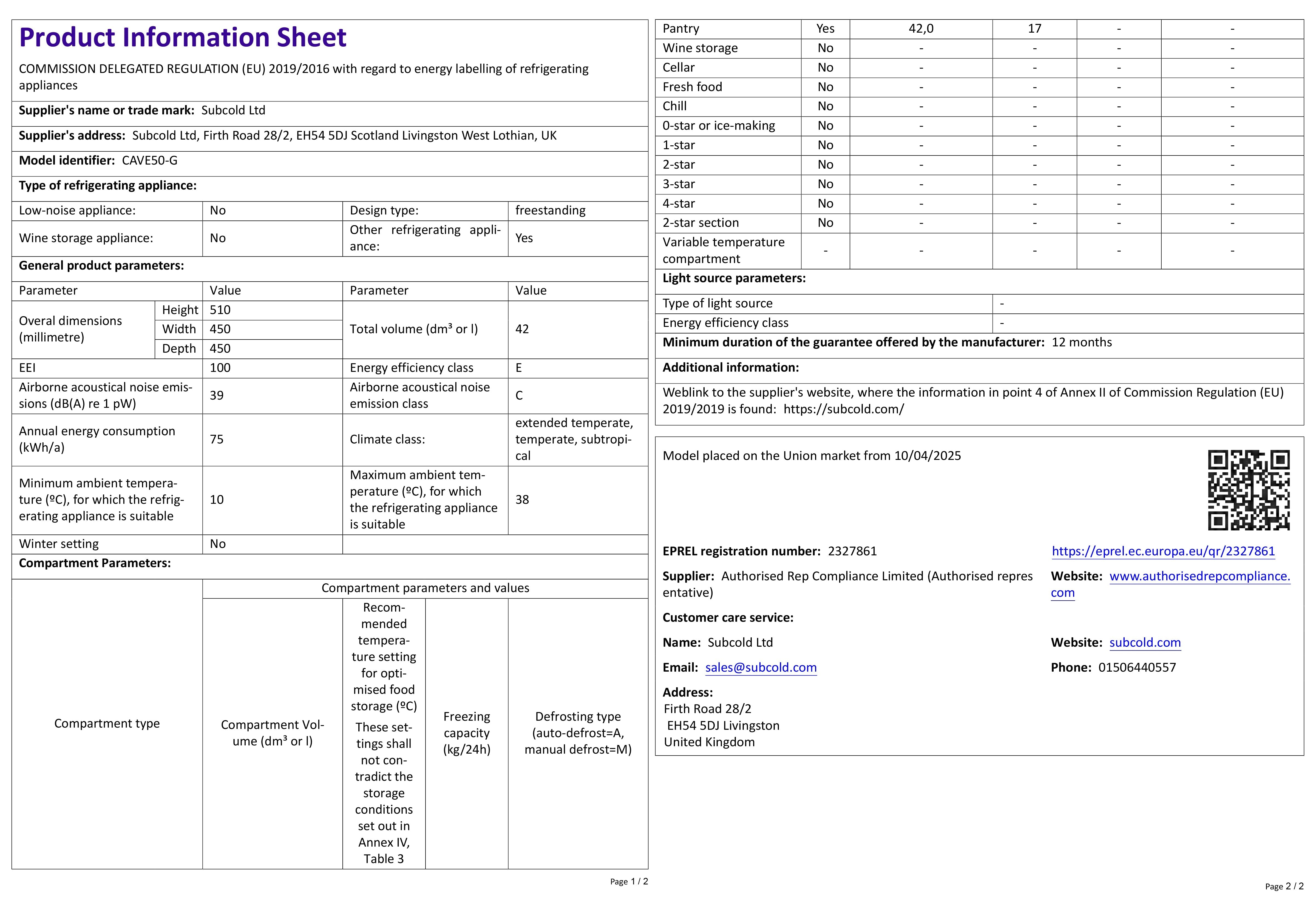 White and black product info sheet for subcold cave50 glass door freestanding fridge for soft drinks and beer
