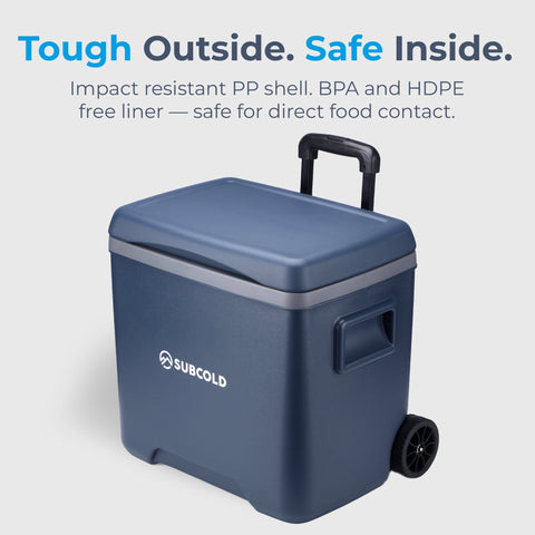 Blue subcold chilly30 portable cool box with black handle wheels and impact resistant pp shell for easy transport