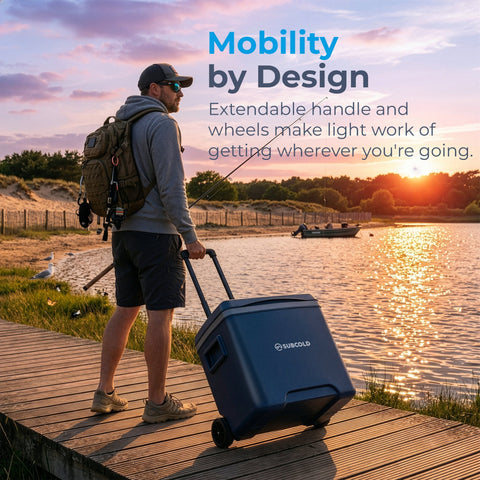Blue subcold chilly30 portable cool box with extendable handle and wheels for easy transport