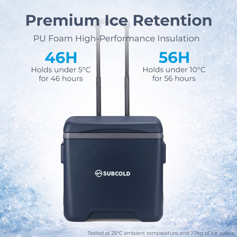 Dark blue subcold chilly30 portable cool box with pu foam insulation and retractable handle for easy carrying