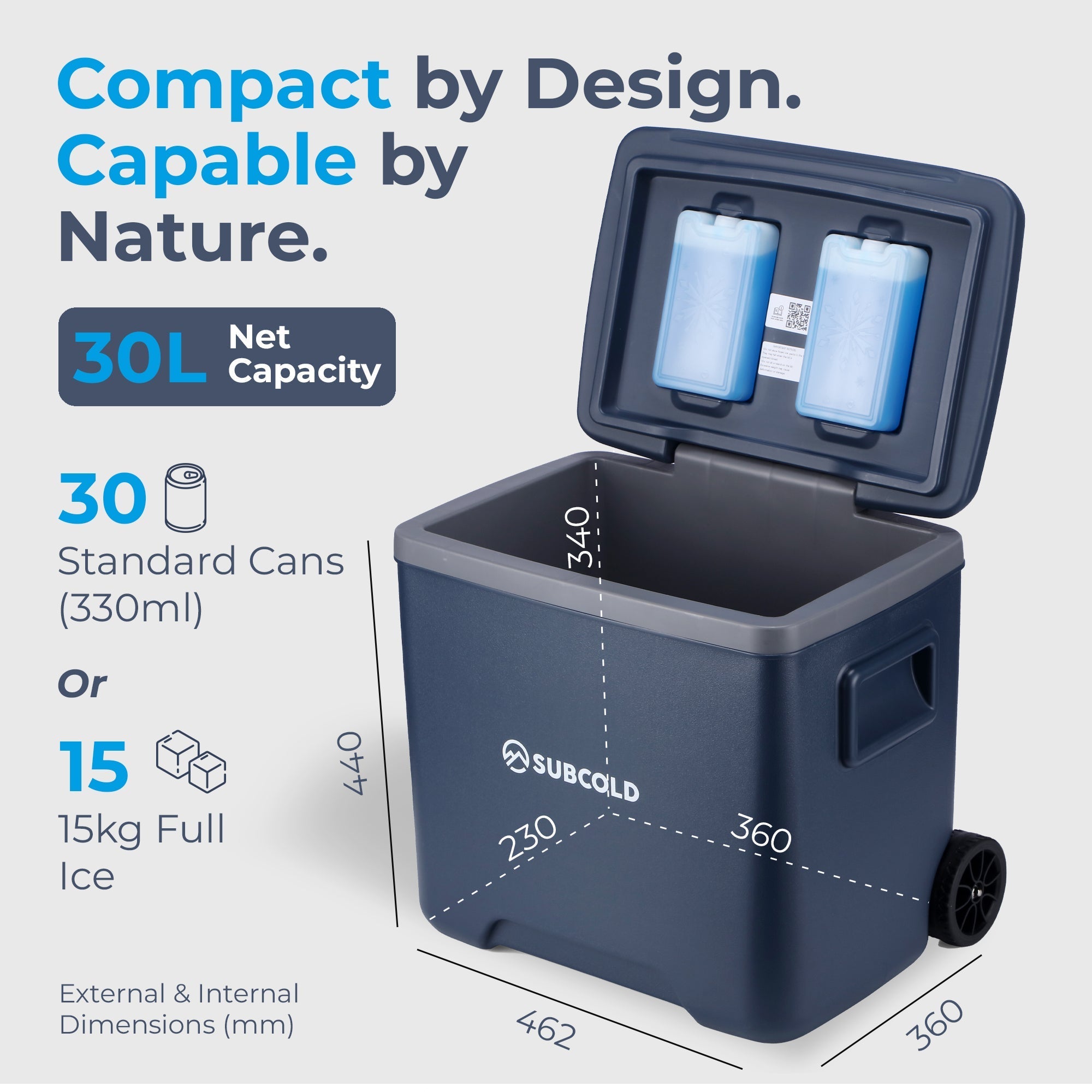 Dark blue durable plastic subcold chilly30 cool box with lid holding two ice packs and integrated wheels for easy transport