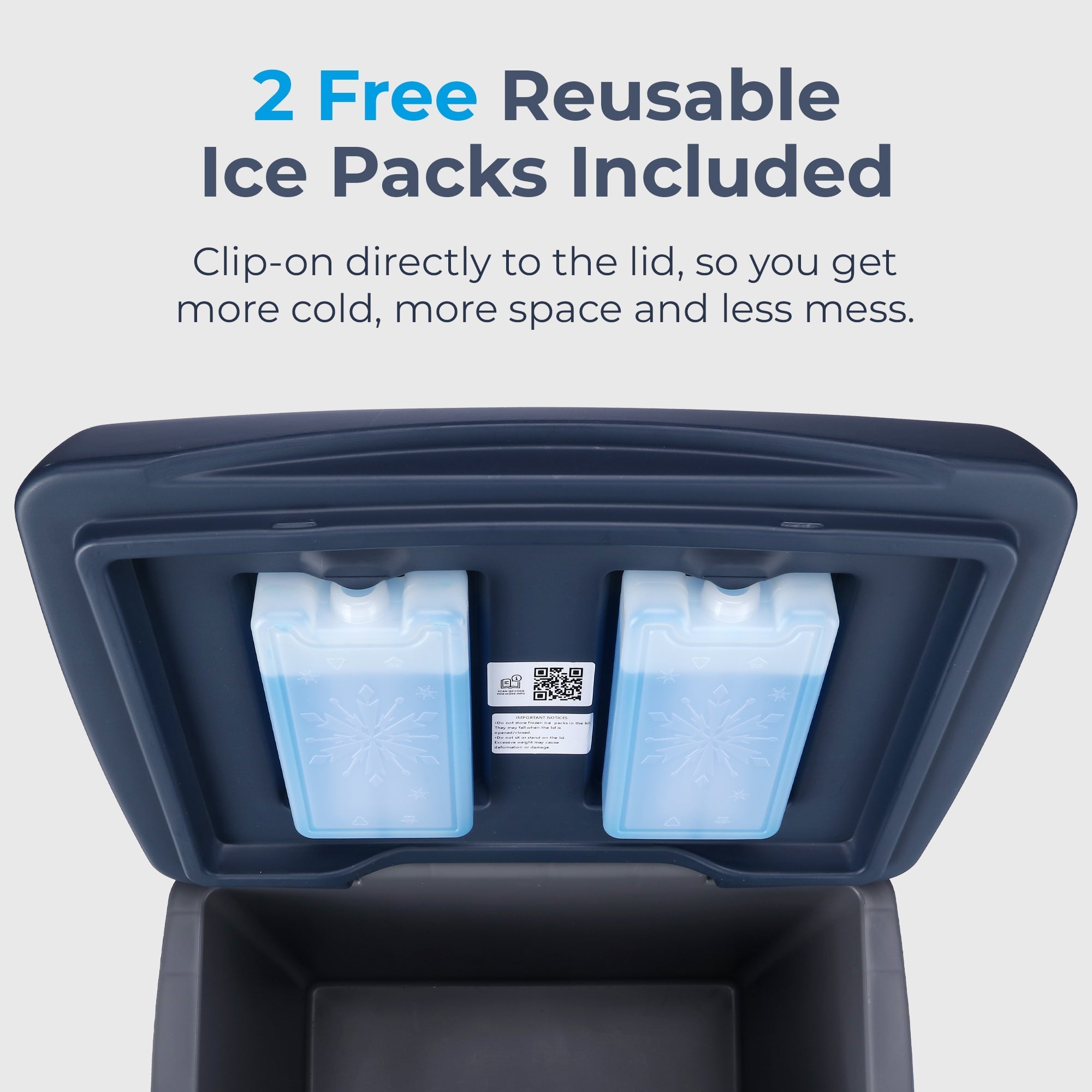 Dark gray plastic subcold chilly30 portable cool box with two light blue reusable ice packs clipped inside the lid slots
