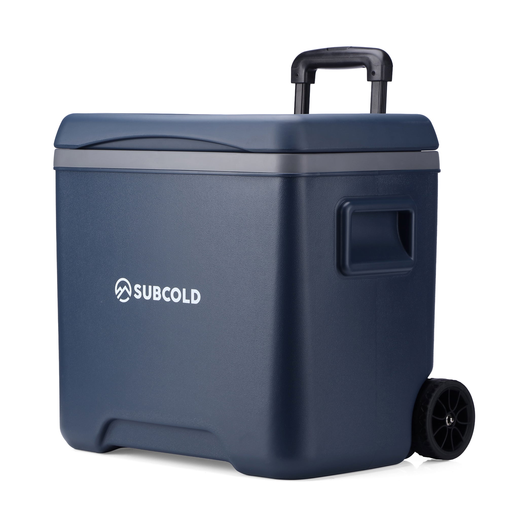 Navy blue subcold chilly30 portable cool box with black handle and wheels for easy transport