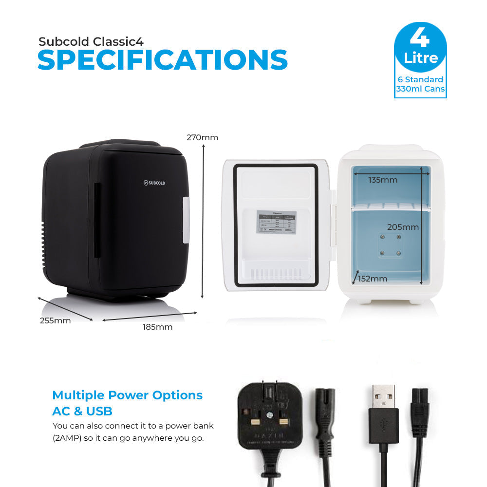 Black subcold classic 4l mini fridge with sleek compact design and usb charging port perfect as a mini cooler