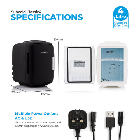 Black subcold classic 4l mini fridge with sleek compact design and usb charging port perfect as a mini cooler