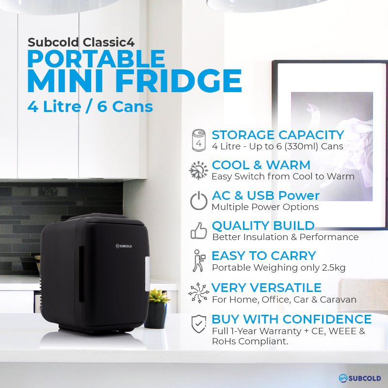Black subcold classic 4l mini fridge with sleek compact design and smooth surface perfect as a mini cooler