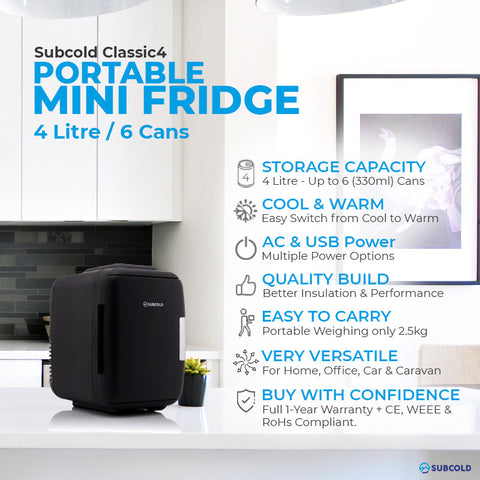Black subcold classic 4l mini fridge with sleek compact design and smooth surface perfect as a mini cooler