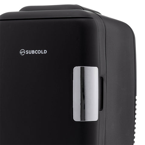 Black subcold classic 4l mini fridge with sleek glossy finish and vertical chrome handle perfect as a mini cooler