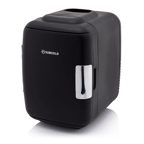 Black subcold classic 4l mini fridge with sleek glossy finish and shiny chrome handle perfect for small spaces