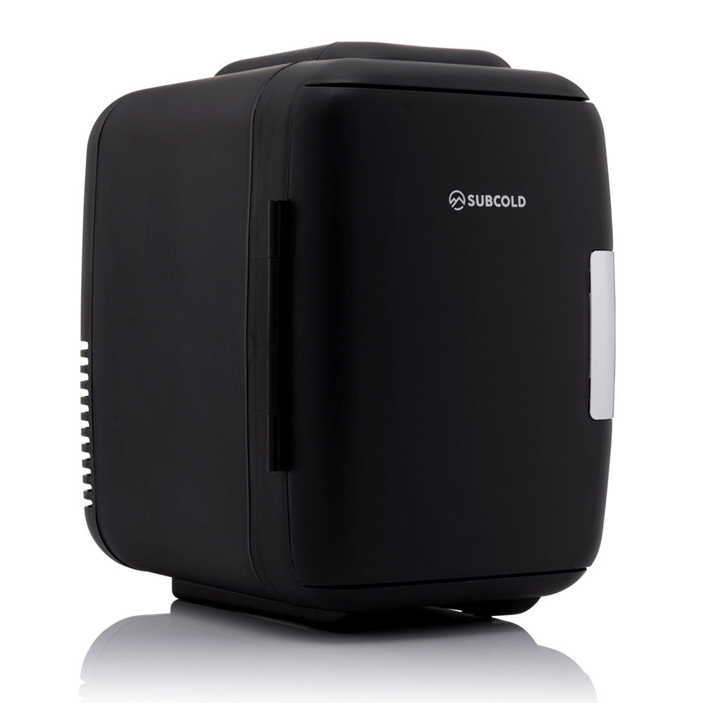 Black subcold classic 4l mini fridge with sleek compact design and silver handle perfect as a mini cooler