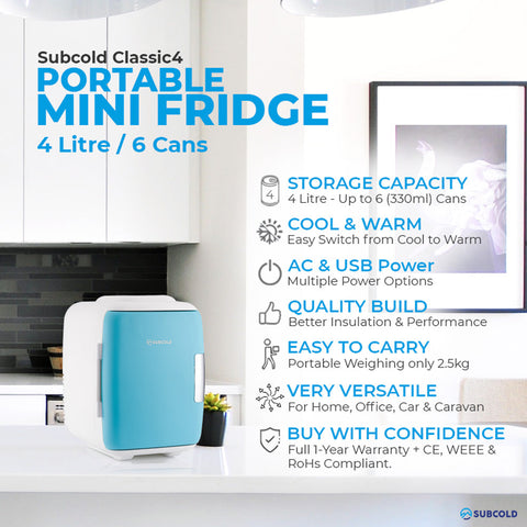 A compact light blue and white subcold classic 4l mini fridge with sleek design perfect for small spaces and travel