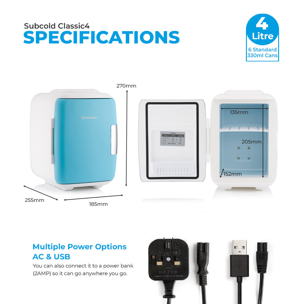 Light blue and white subcold classic 4l mini fridge with sleek compact design perfect as a mini cooler