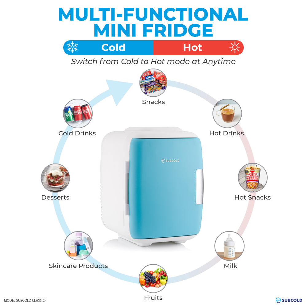 Light blue and white subcold classic 4l mini fridge with a sleek compact design perfect for multifunctional use