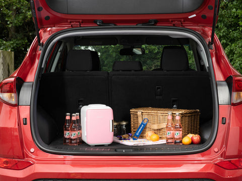 Pink subcold classic 4l mini fridge with white top and rounded edges compact for dorm or office use