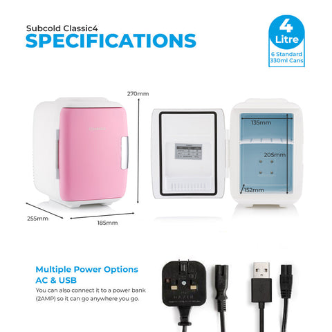 Pink and white subcold classic 4l mini fridge with sleek compact design perfect as a mini cooler for small spaces