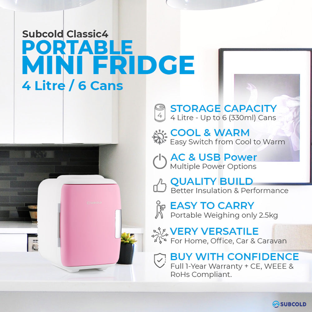 Pink and white subcold classic 4l mini fridge with sleek compact design perfect as a mini cooler for small spaces