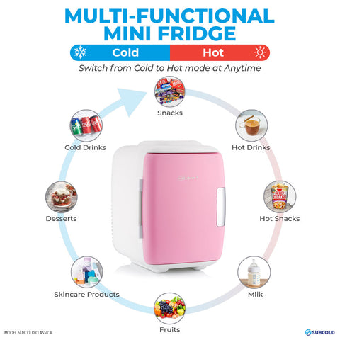 Pink and white subcold classic 4l mini fridge with sleek compact design for storing cold or hot items