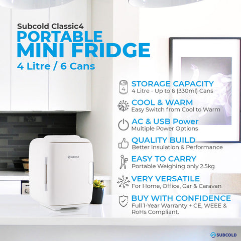 White subcold classic 4l mini fridge with sleek compact design and smooth plastic finish perfect for small spaces