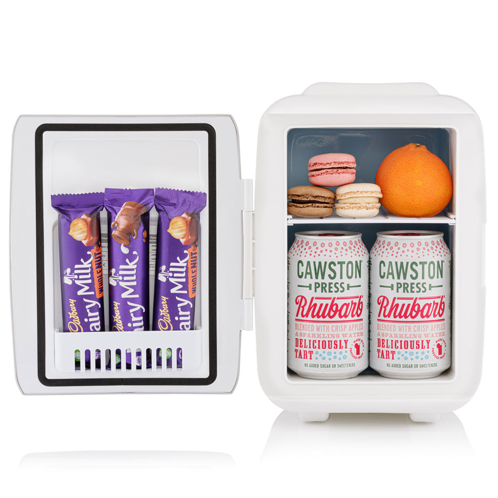 White subcold classic 4l mini fridge packed with snacks and drinks perfect as a mini cooler for small spaces
