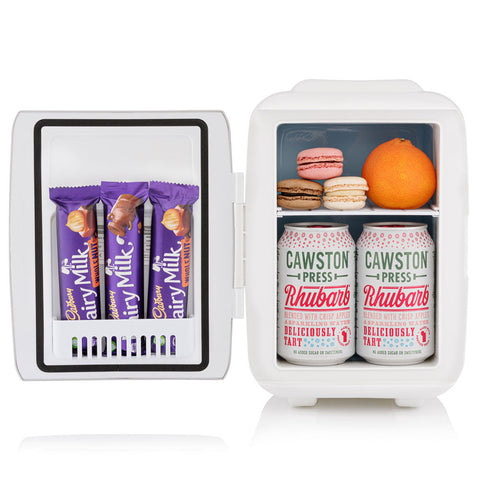 White subcold classic 4l mini fridge packed with snacks and drinks perfect compact mini fridge for small spaces