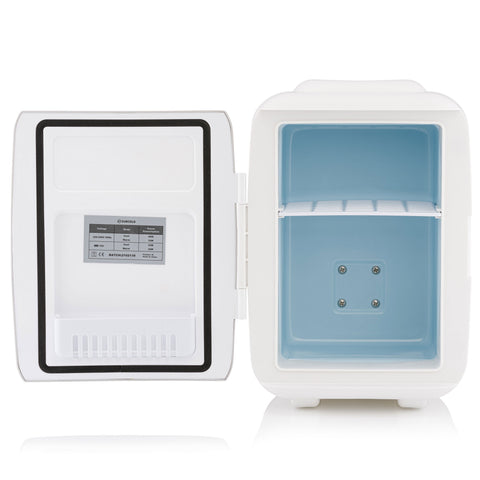 White subcold classic 4l mini fridge with light blue interior and single shelf compact mini fridge for small spaces