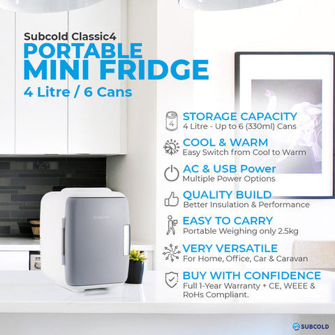 Subcold classic 4l mini fridge in white and gray with a sleek compact design ideal as a mini cooler or mini fridge