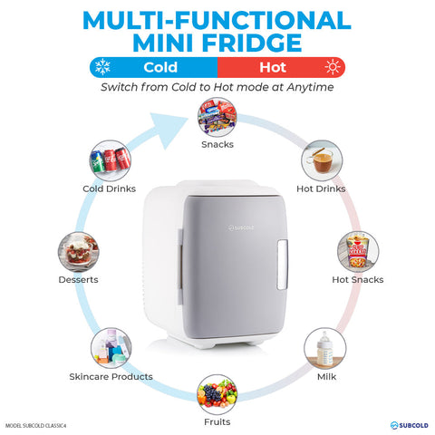 White and gray Subcold classic 4l mini fridge with sleek modern design perfect as a mini cooler for small spaces