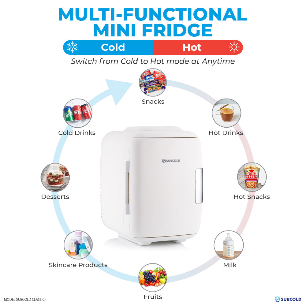 White plastic subcold classic 4l mini fridge with sleek compact design and vertical handle for easy access