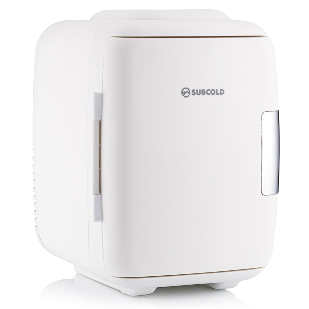 White subcold classic 4l mini fridge with sleek compact design and silver handle perfect as a mini cooler