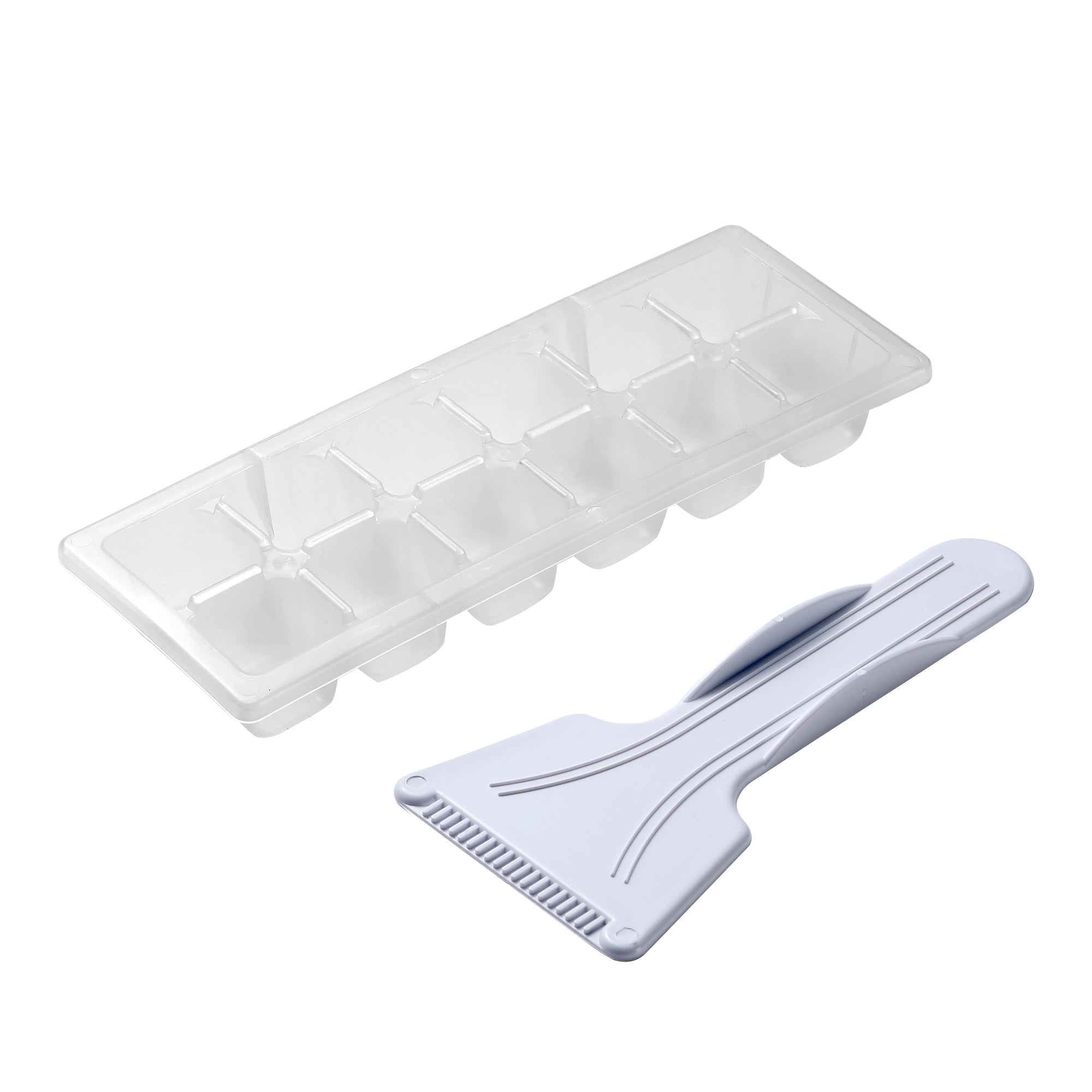 Clear plastic ice cube tray with white scraper tool for subcold eco35f black mini freezer use