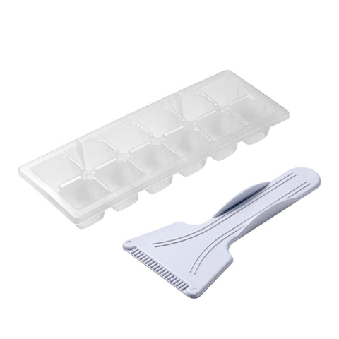 Clear plastic ice cube tray with white scraper tool for subcold eco35f black mini freezer use