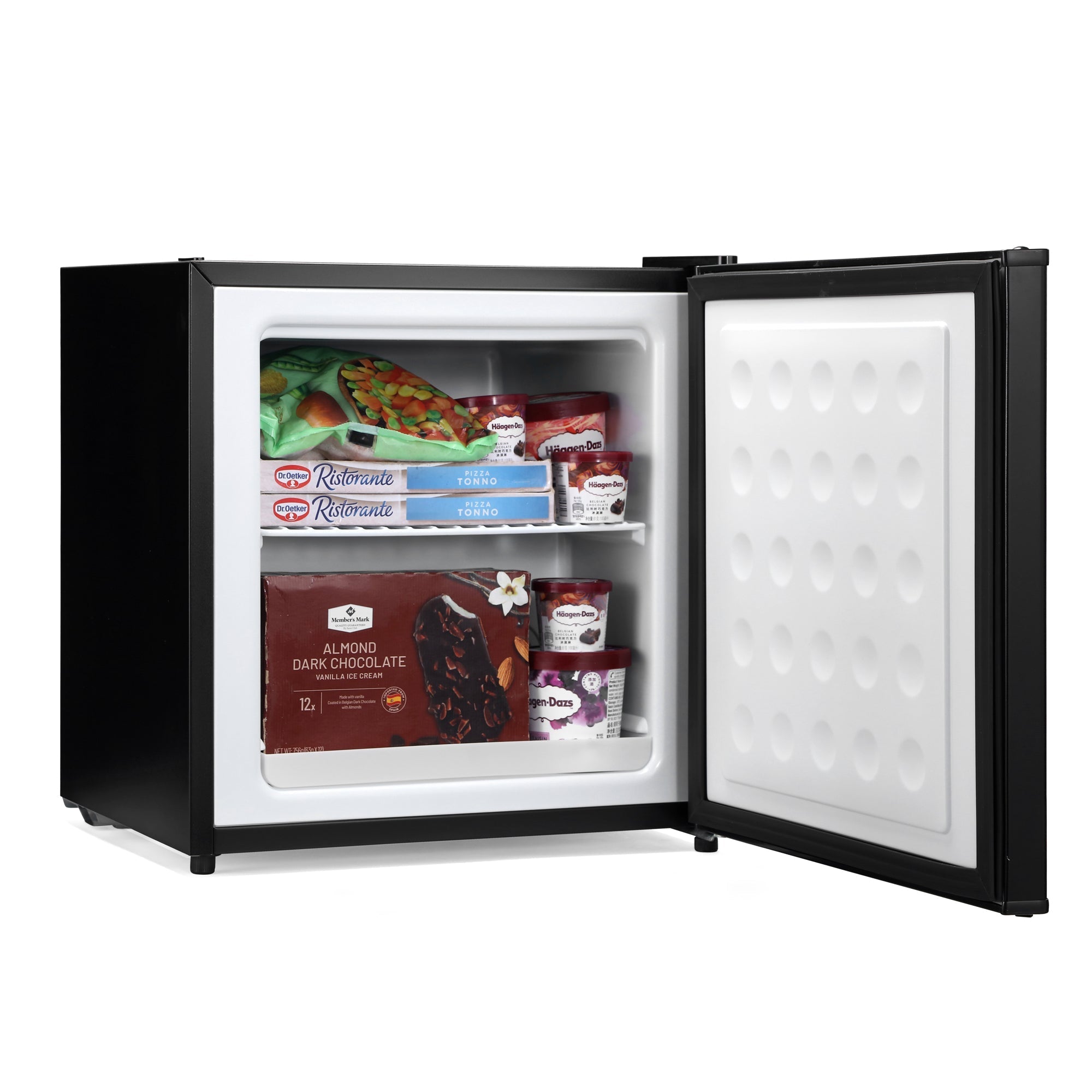 Black subcold eco35f mini freezer with white interior and textured rounded door panel for compact cooling