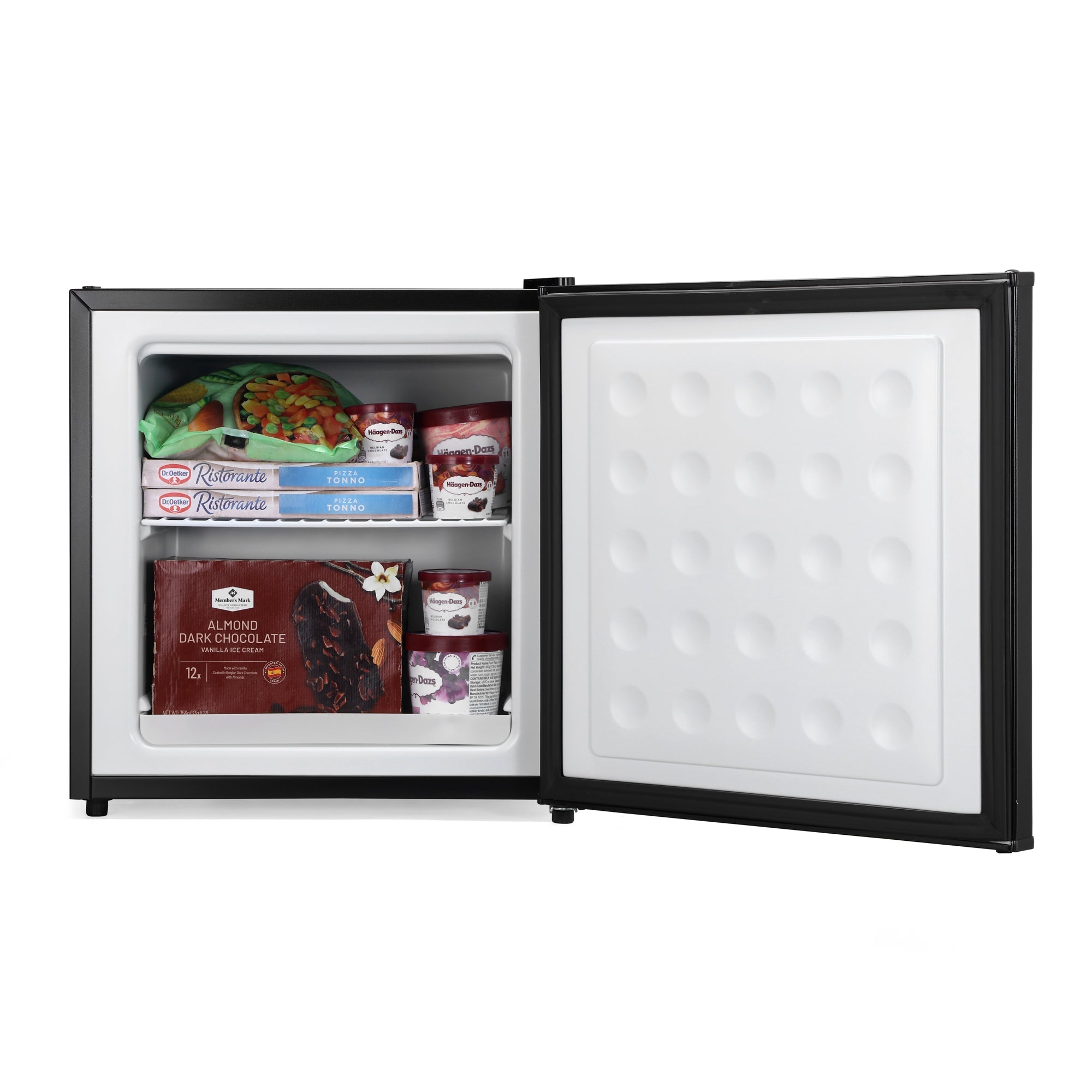 Subcold eco35f mini freezer in black with white frost-free interior stocked with frozen desserts for easy storage