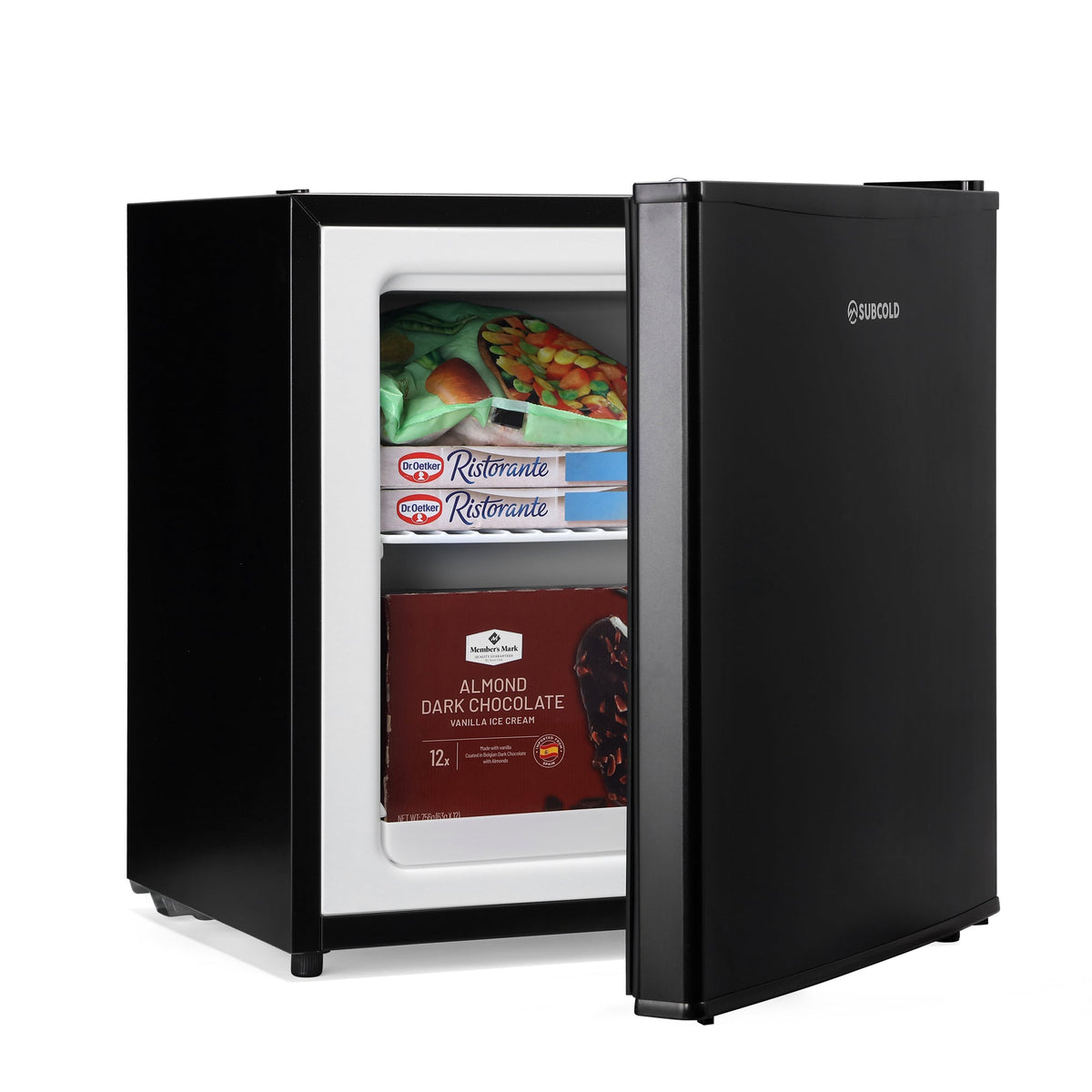 Black subcold eco35f mini freezer with sleek modern design and glass door displaying frozen food inside