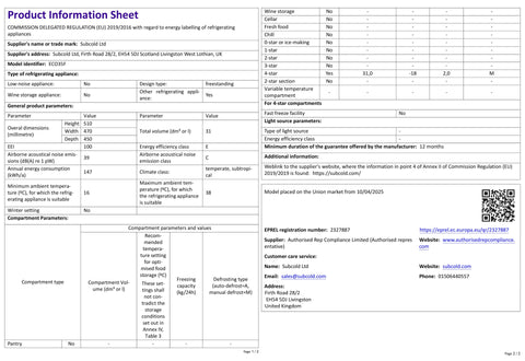 This is a white product info sheet for the subcold eco35f mini freezer in black detailing specs and features