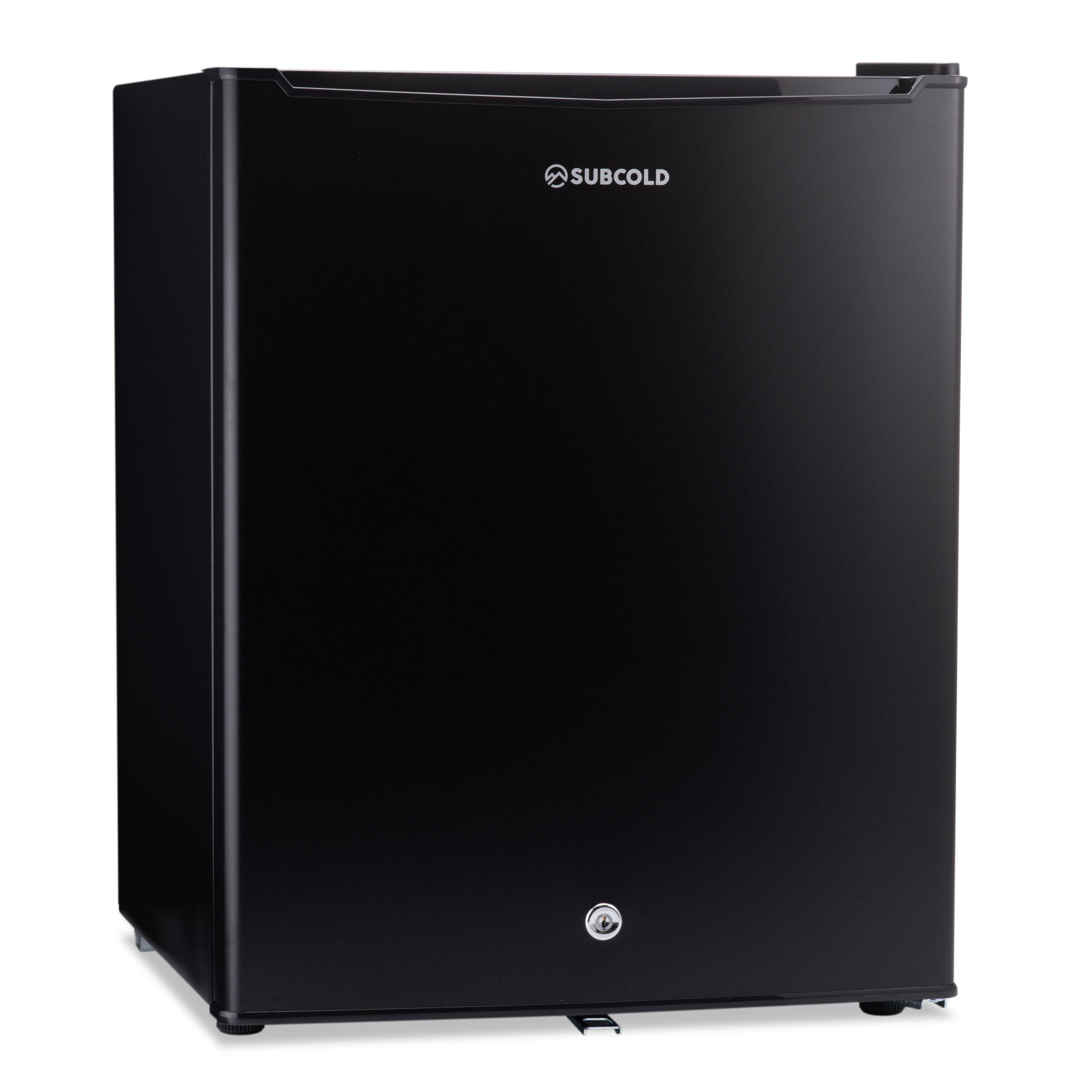 Black subcold eco75 mini fridge with sleek glossy finish and circular lock at the bottom for tabletop use
