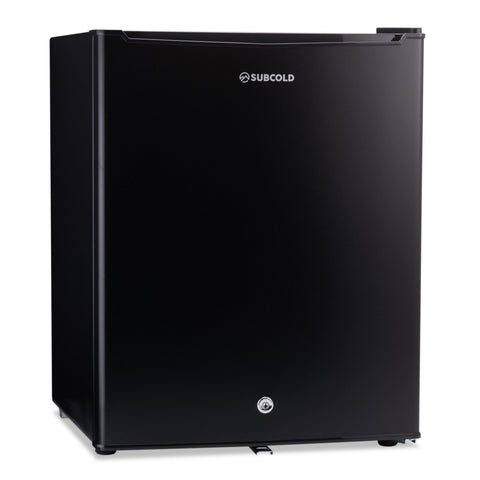Black subcold eco75 mini fridge with sleek glossy finish and circular lock at the bottom for tabletop use