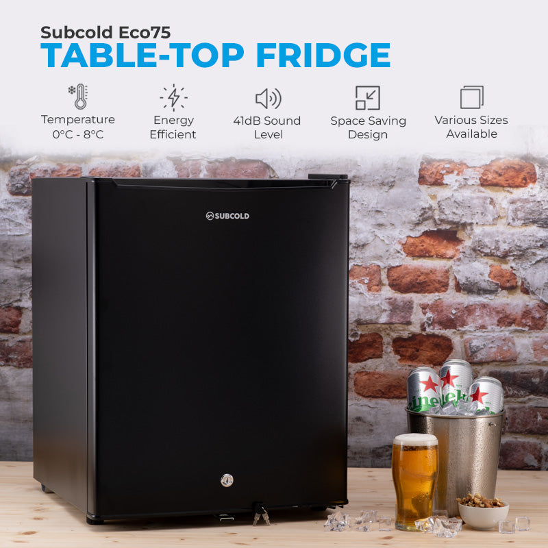 Black subcold eco75 table top fridge with sleek minimalist design and smooth finish perfect for compact spaces