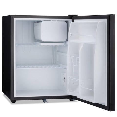 Black subcold eco75 compact fridge with white interior and shelves perfect for tabletop use