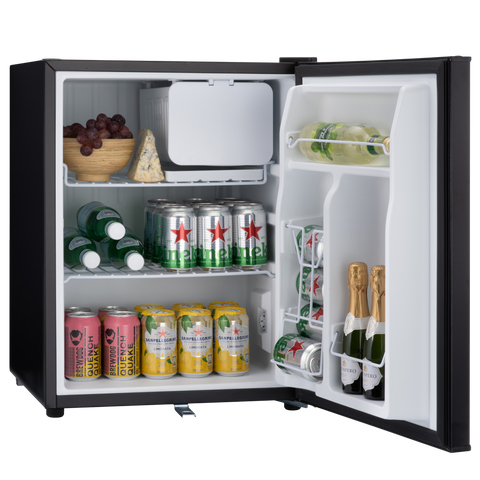 Black-framed subcold eco75 mini table top fridge stocked with beverages and snacks for convenient cooling