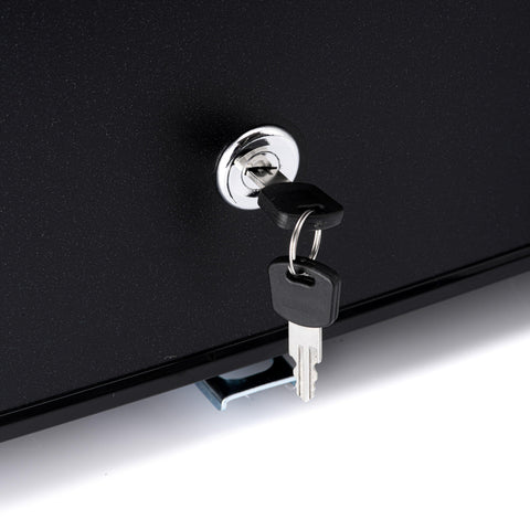 Black metal subcold eco75 table top fridge with chrome keyhole and two black plastic keys inserted