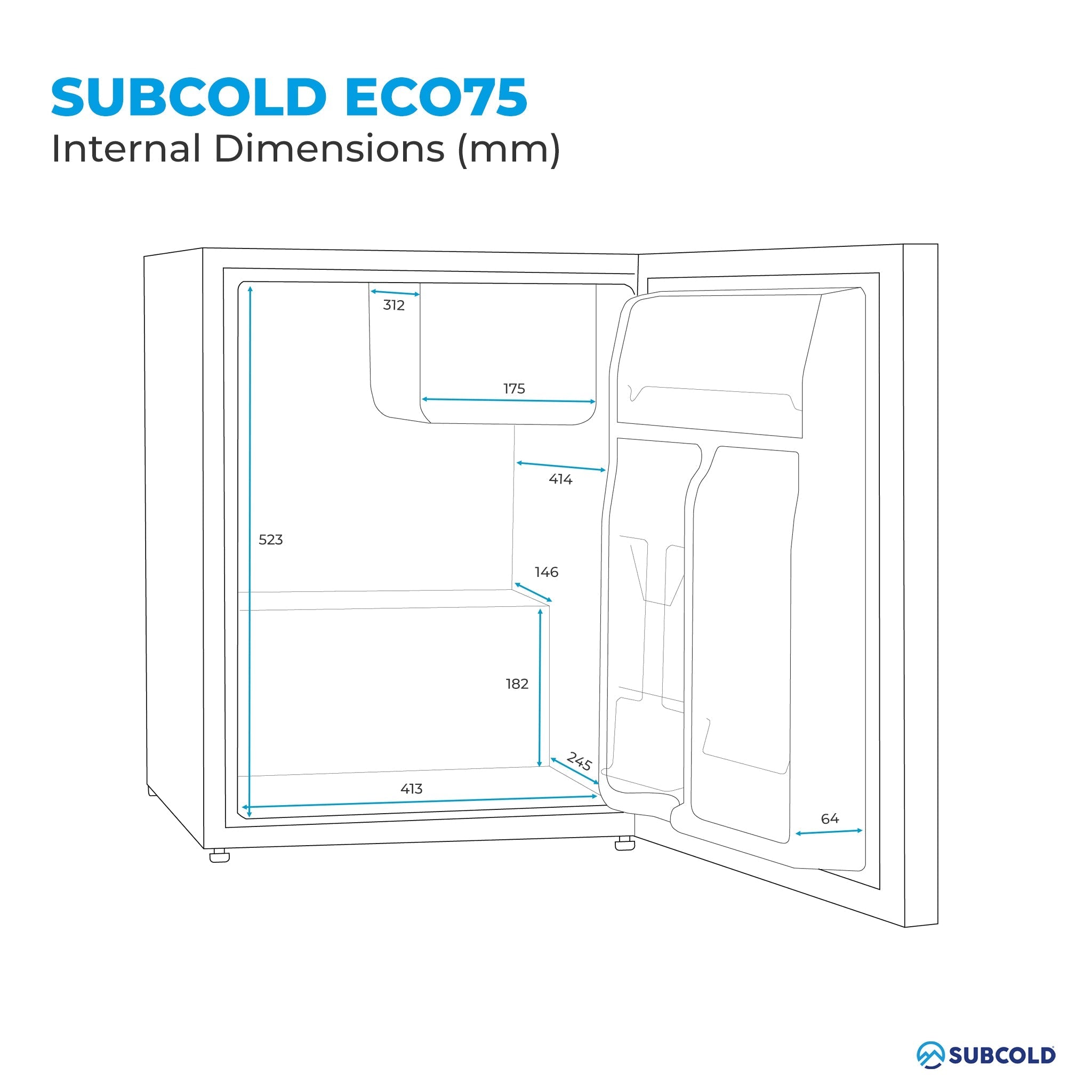 Subcold eco75 table top fridge with internal dimensions labeled in millimeters showing compact storage space