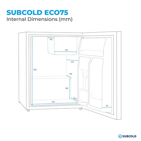 Subcold eco75 table top fridge with internal dimensions labeled in millimeters showing compact storage space